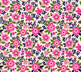 Vintage floral background. Seamless vector pattern for design and fashion prints. Flowers pattern with small pink flowers on a beige background. Ditsy style.