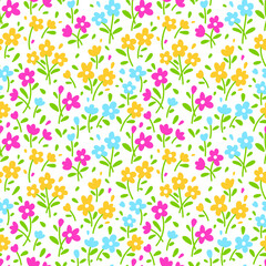 Vintage floral background. Seamless vector pattern for design and fashion prints. Flowers pattern with small colorful flowers on a white background. Ditsy style. 