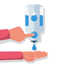Hand sanitizer wall. People use automatic alcohol antiseptic gel. Drop of antibacterial gel in palm. Prevention coronavirus covid-19.Sanitizer bottle hygiene product.Cleaningwashinghands. Vector.