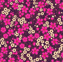 Cute floral pattern in the small flower. Ditsy print. Motifs scattered random. Seamless vector texture. Elegant template for fashion prints. Printing with small pink   flowers. Brown background.