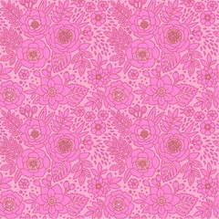 Seamless pattern with outline of stylized flowers. Beautiful monochrome floral background. Can be used for textiles, book covers, packaging, wedding invitations. Vector hand drawn illustration.