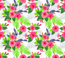 Fotobehang Seamless pattern with tropical flowers and leaves. Hibiscus flowers. Bright jungle pattern with palm leaves and exotic plants. Elegant template with Hawaiian motifs on a white background. © ann_and_pen