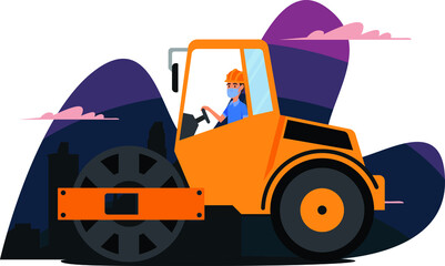 Naklejka premium Construction worker controling construction vehicle while using medical mask