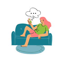 A woman in a T-shirt and shorts sits on a sofa with a phone in his hands and communicates with his interlocutor. Stay at home, work from home, flowers in a pot, home office. Flat Vector Illustration.