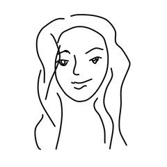 Doodle beautiful woman face.A girl with long hair.Black and white cartoon sketch. International Women's Day. Vector illustration for card, poster, modern design. Feminism concept.