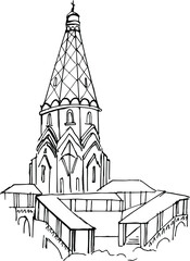 Hand-drawn Russian Orthodox Church. Vector linear black and white illustration of the Church of the ascension in Moscow in Kolomenskoye Park. Russian architecture . Retro sketch style. Isolated