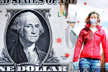 G. Washington on a  1 dollar bill and red symbols symbolizing the corona virus and a woman wearing a facemask