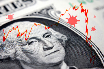 G. Washington on a  1 dollar bill and red symbols symbolizing the corona virus and a red declining stock market trendline