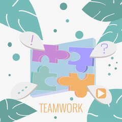 Teamwork concept. Puzzle infographics. Vector illustration in flat style for web banner, infographic, team training. Trendy pastel colors.