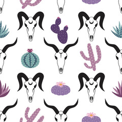 goat skulls with purple, blue, pink plants cactus peyote on a white background seamless pattern boho demon satan vector - 355426621