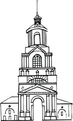 Hand-drawn Russian Orthodox Church. Vector linear black and white illustration of a Monastery in Suzdal. Russian architecture. Retro sketch style. Isolated
