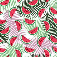 slice of red watermelon on a pink, green and dark green palm leaves background pattern summer exotic tropical fruit hawaii sweet seamless vector - 355426820