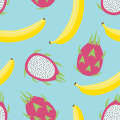 sweet whole dragon fruit and banana tropical exotic fruit pink green yellow with seeds pitaya on a blue background seamless pattern vector - 355426850