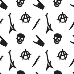 black rock Gothic set skull guitar hand knife anarchy pattern on a white background seamless vector - 355426894