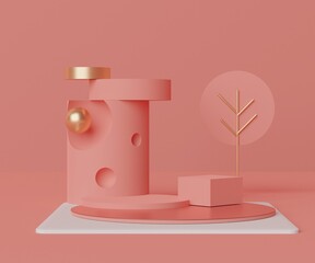 3d geometric forms. Cylinder podium in coral pink color. Fashion show stage,pedestal, shopfront with colorful theme. Minimal scene for  product display.