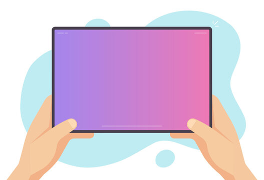 Tablet in hand vector or person holding portable computer screen blank empty for copy space text and presentation flat cartoon illustration image