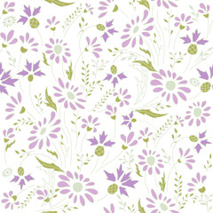 Seamless floral pattern in folk style with wildflowers, leaves. Hand drawn. Vector illustration