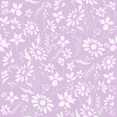 Seamless floral pattern in folk style with wildflowers, leaves. Hand drawn. Vector illustration