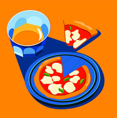 Pizza on the wooden board with orange juice. Vector eps10