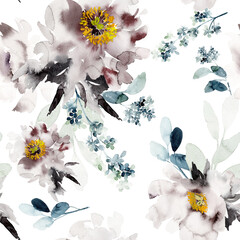 Seamless watercolor pattern with peonies for fabric - 355428422