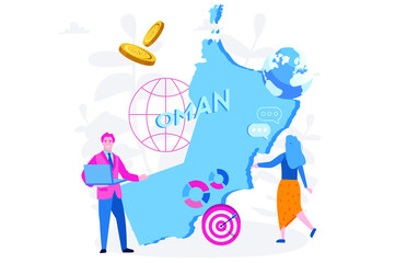 Oman  map  with people, Welcome to Oman country, advertising and promo,  Oman economy. Vector illustration for web banner, infographics, mobile. 