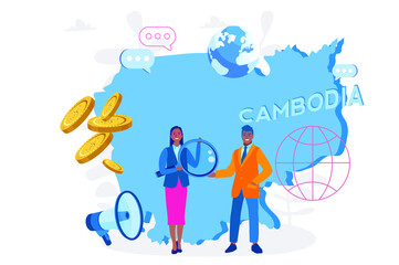 Cambodia  map  with people, Welcome to Cambodia country, advertising and promo,  Cambodia economy. Vector illustration for web banner, infographics, mobile. 
