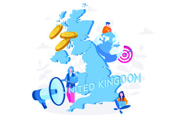 United Kingdom  map  with people, Welcome to United Kingdom, advertising and promo,  United Kingdom economy. Vector illustration for web banner, infographics, mobile. 