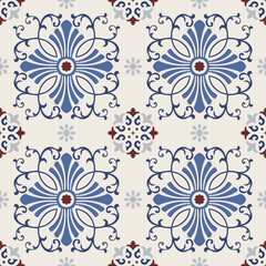 Seamless Damask pattern. Majolica pottery tile, blue, brown and gray azulejo, original traditional Portuguese and Spain decor. Seamless tile with Islam, Arabic, Indian, Ottoman motifs