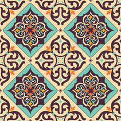 Seamless colorful patchwork tile with Islam, Arabic, Indian, Ottoman motifs. Majolica pottery tile. Portuguese and Spain decor. Azulejo. Ceramic tile in talavera style. Boho pattern