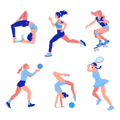 Set of girls athletes and sportgirls dressed in sportswear. Yogi, runner, skater, volleyball player, tennis player and gymnast in pastel colors.