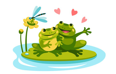 Two frogs in love are sitting on a leaf of a water plant hugging, talking, they have a date.