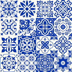Set of 16 tiles Azulejos in blue, white. Original traditional Portuguese and Spain decor. Seamless patchwork tile with Victorian motives. Ceramic tile in talavera style. Gaudi mosaic. Vector