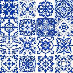 Set of 16 tiles Azulejos in blue, white. Original traditional Portuguese and Spain decor. Seamless patchwork tile with Victorian motives. Ceramic tile in talavera style. Gaudi mosaic. Vector - obrazy, fototapety, plakaty