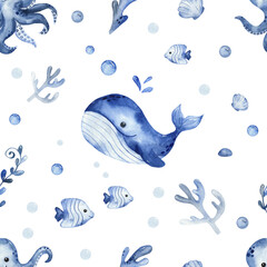 Watercolor seamless pattern with underwater creatures, whale, octopus, fish, algae, corals