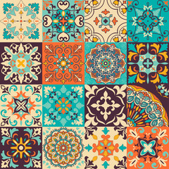 Set of 16 bright tiles Azulejos. Original traditional Portuguese and Spain decor. Seamless patchwork tile with Victorian motives. Ceramic tile in talavera style. Gaudi mosaic. Vector