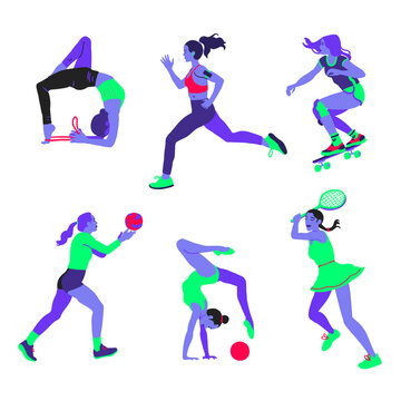 Set of girls athletes and sportgirls dressed in sportswear. Yogi, runner, skater, volleyball player, tennis player and gymnast in acid colors.