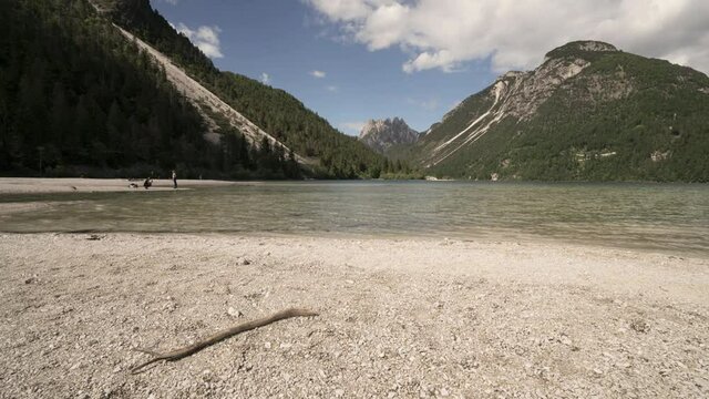 panoramic view on a summer day of Predil lake, Friuli-Venezia Giulia region, Italy	