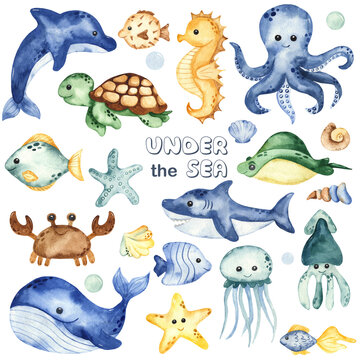 Watercolor set with underwater creatures, whale, octopus, shark, crab, dolphin, sea turtle, fish.