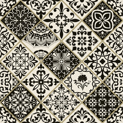 Seamless patchwork tile with Islam, Arabic, Indian, Ottoman motifs. Majolica pottery tile. Portuguese and Spain decor. Ceramic tile in talavera style. Vector illustration