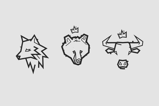 3 vector logos with animals. Fox or wolf, bear and bull.
