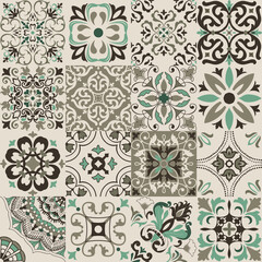 Set of 16 tiles Azulejos. Original traditional Portuguese and Spain decor. Seamless patchwork tile with Victorian motives. Ceramic tile in talavera style. Gaudi mosaic. Vector