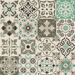 Set of 16 tiles Azulejos.. Original traditional Portuguese and Spain decor. Seamless patchwork tile with Victorian motives. Ceramic tile in talavera style. Gaudi mosaic. Vector