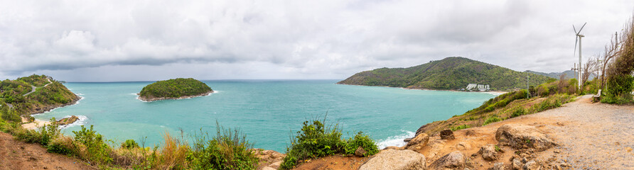Fototapeta na wymiar Panorama aerial view of beauty bay nature landscape or seascape with island, mountain and clear sea with turquoise water on Phuket and Serpentine road. Thailand