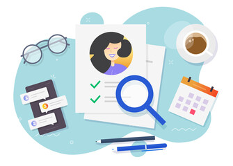 Personal interview data investigation document on work desk or recruitment test application with approval check mark on workplace vector flat cartoon, human resources or resume research concept image