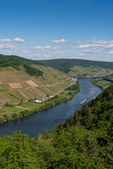 With the bike on the cycle path through the countryside along the river Moselle in...