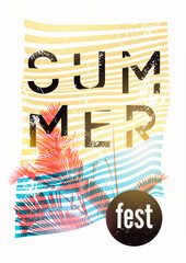 Summer open air Festival typographic grunge vintage poster design with palm leaves. Retro vector illustration.