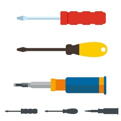 Set of three different screwdrivers. Flat style flat head turnscrew vector illustration.