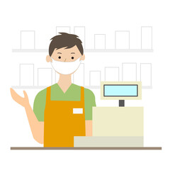 Vector illustration of a male clerk smiling at the cash register