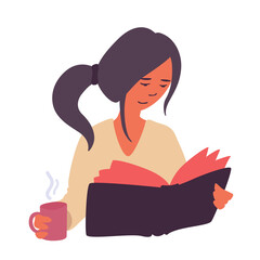 A girl reading a book, holding a cup of hot drink. A woman reads. A vector cartoon illustration isolated on a white background. 