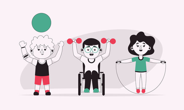 Disabled kids do sports exercises with dumbbells, ball, skipping rope